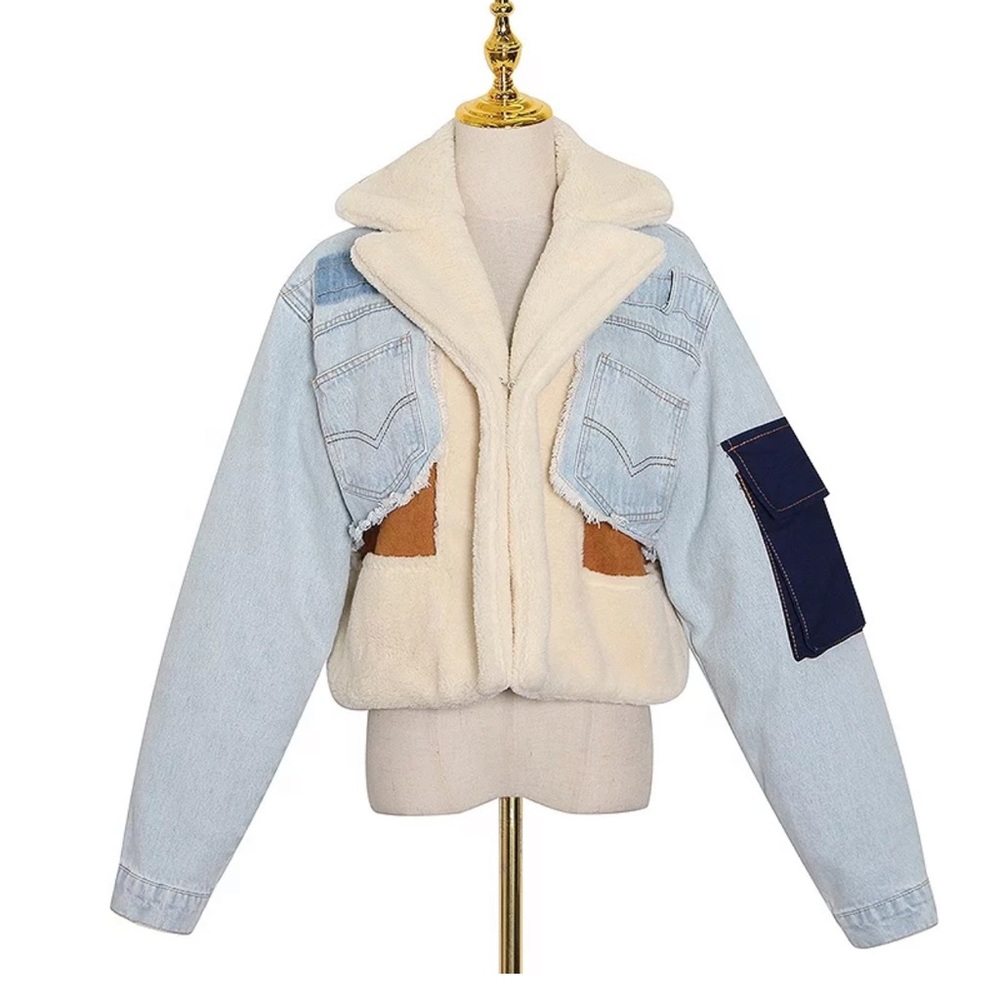 faux shearling 
Denim Patch Jacket